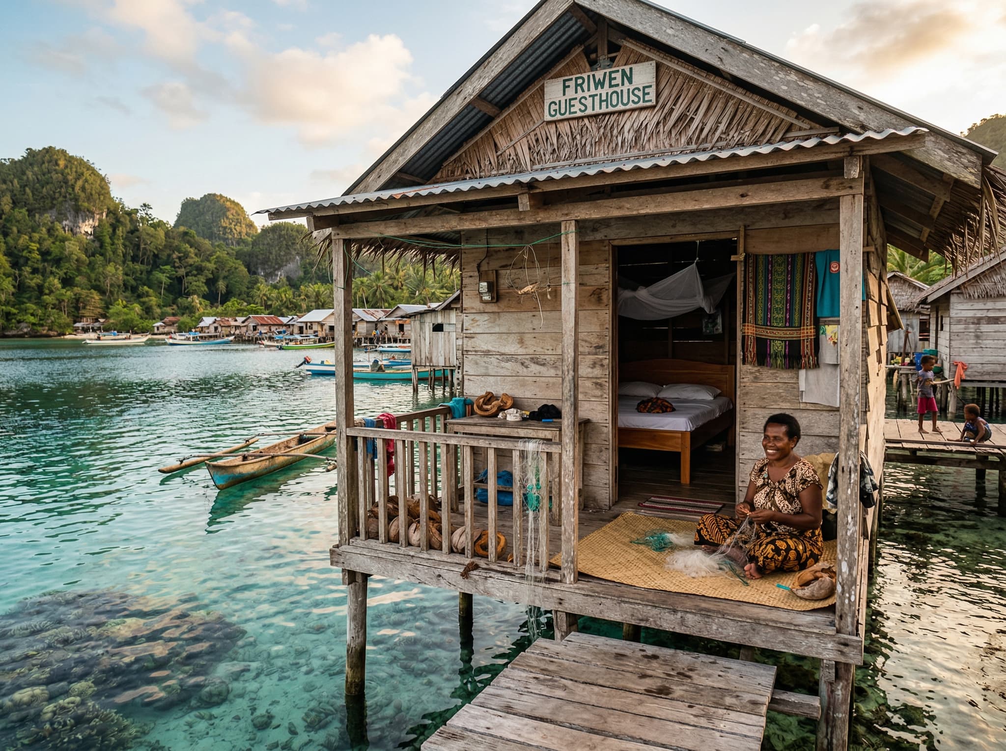Interior or exterior view of a simple overwater or beachfront homestay on Friwen Island, Raja Ampat — a modest wooden room or porch structure over the water, with basic furnishings and a view of the reef, illustrating the community-based homestay accommodation described in the article