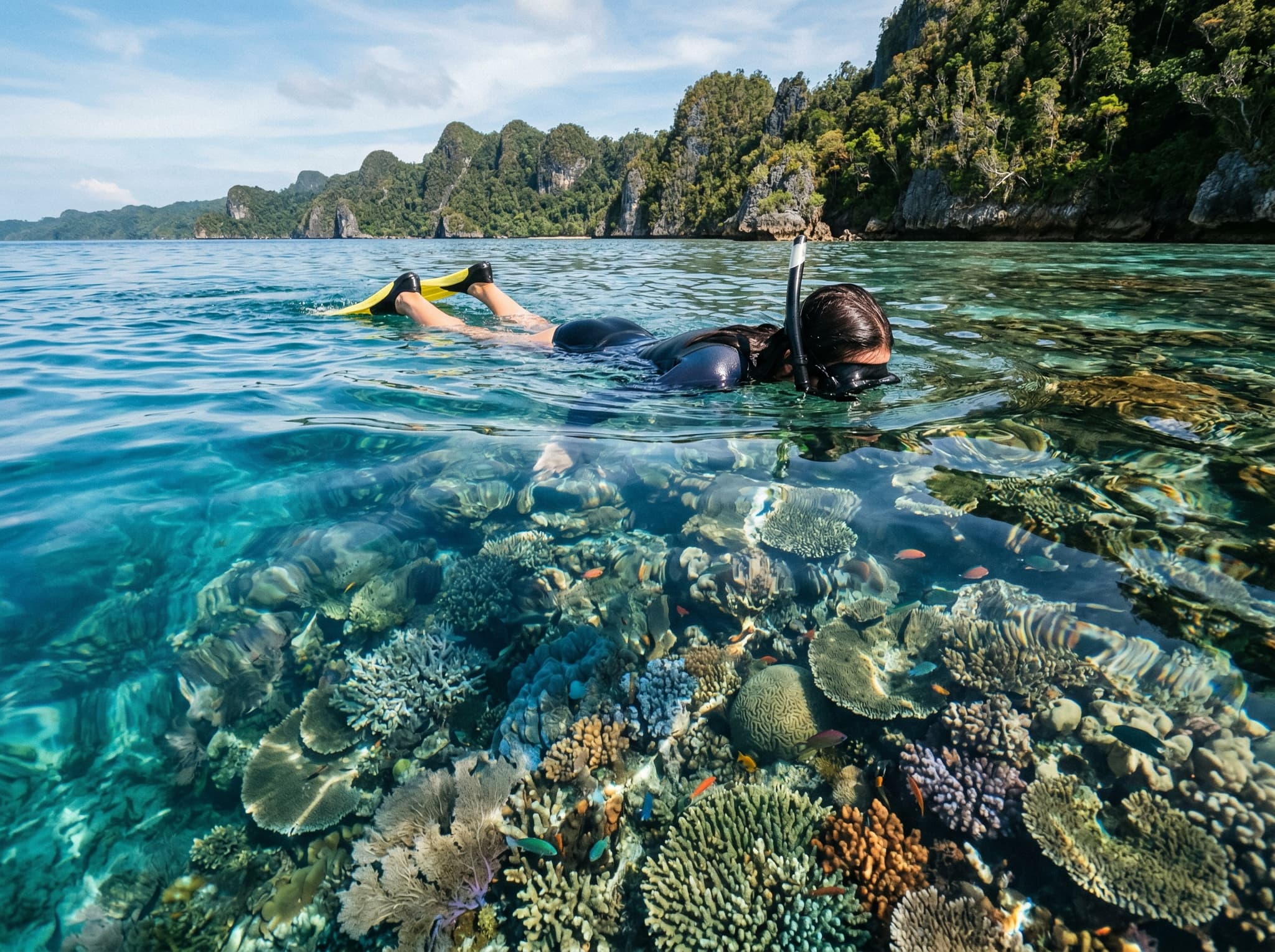 A snorkeler floating over the shallow reef at Friwen Wall, Raja Ampat, viewed from just above the water surface — capturing the ease of direct shore access to the reef, with coral visible just below the surface and open water beyond