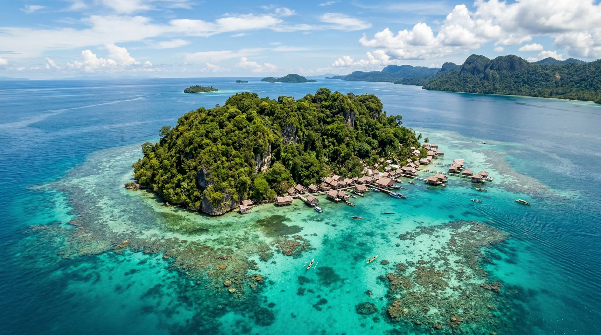 Aerial or wide view of Friwen Island, Raja Ampat — a small limestone island surrounded by turquoise shallow reef water, dense tropical vegetation, and overwater homestay structures along the shoreline, illustrating the remote village-on-the-reef setting described in the article