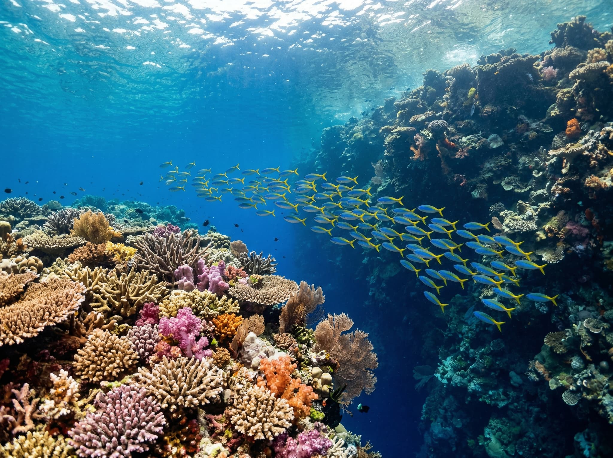 Underwater view of Friwen Wall reef, Raja Ampat — a shallow coral garden transitioning to a steep vertical drop-off, with hard and soft corals, schools of fusilier fish, and deep blue water below, representing the house reef that is the island's primary attraction