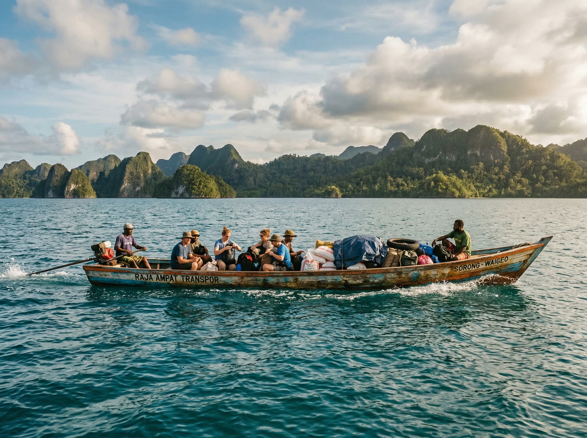 A public longboat on the water between Sorong or Waisai and Friwen Island, Raja Ampat — a traditional wooden motorized vessel crossing open tropical sea, representing the journey travelers take to reach the island