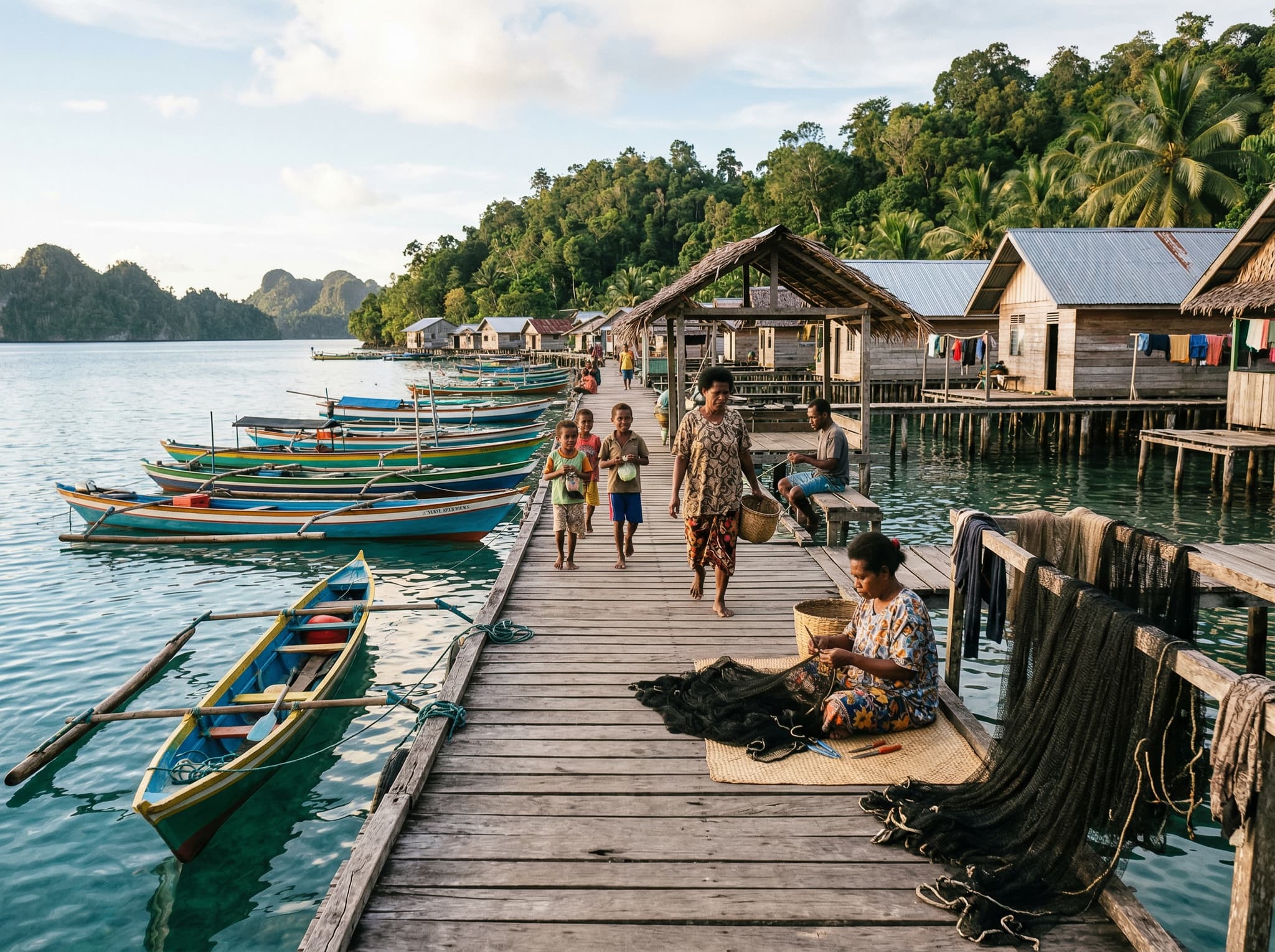 Life in Friwen village, Raja Ampat — fishing boats moored at a wooden dock, nets drying in the sun, and local Papuan residents going about daily life, illustrating the working fishing community that forms the human heart of the island