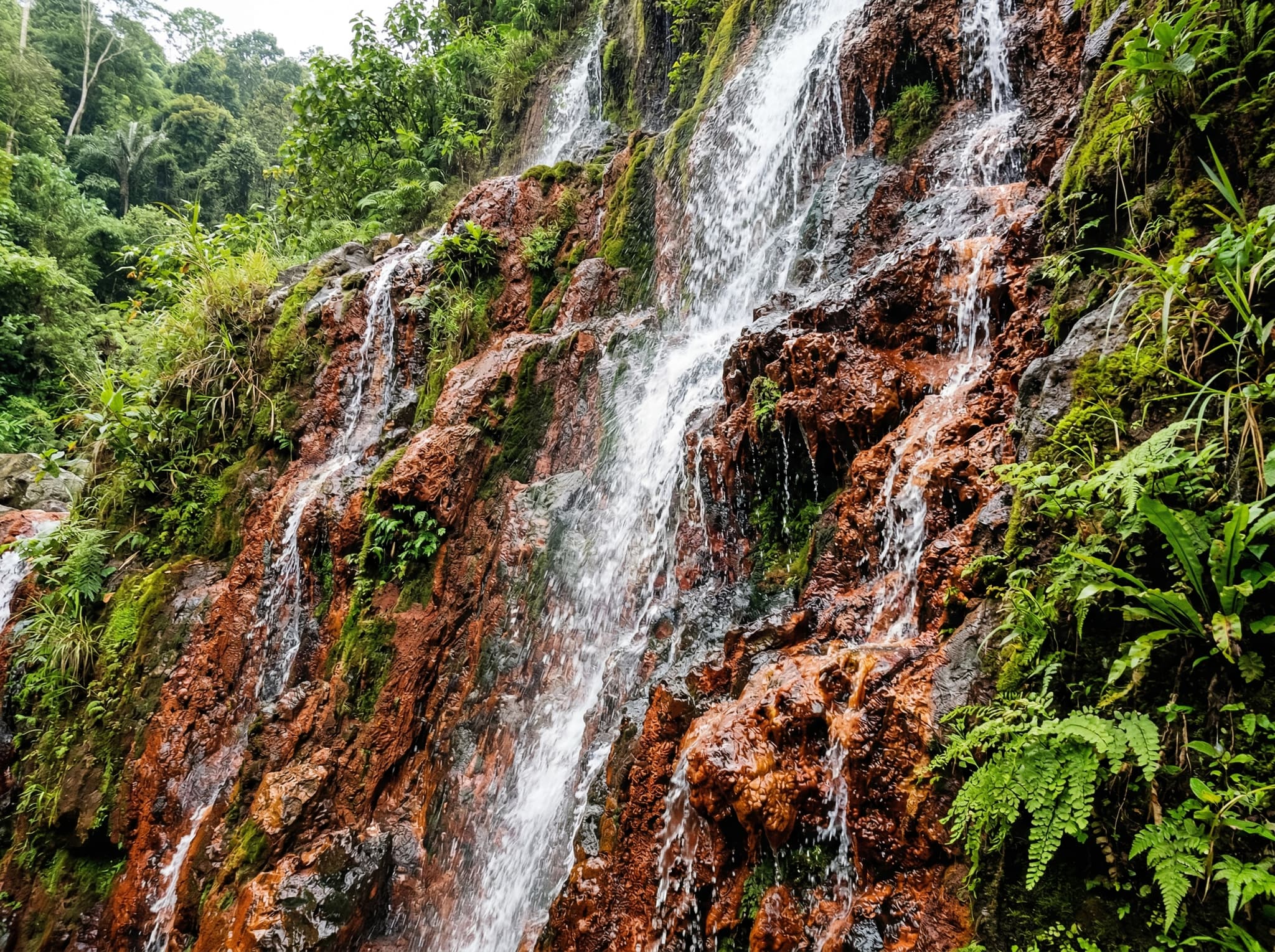 Close detail of Labuhan Kebo's red-orange mineral-stained rock face with water flowing over it — the iron-rich deposits that give the waterfall its Red Coral name and make it visually unlike any other waterfall in Munduk