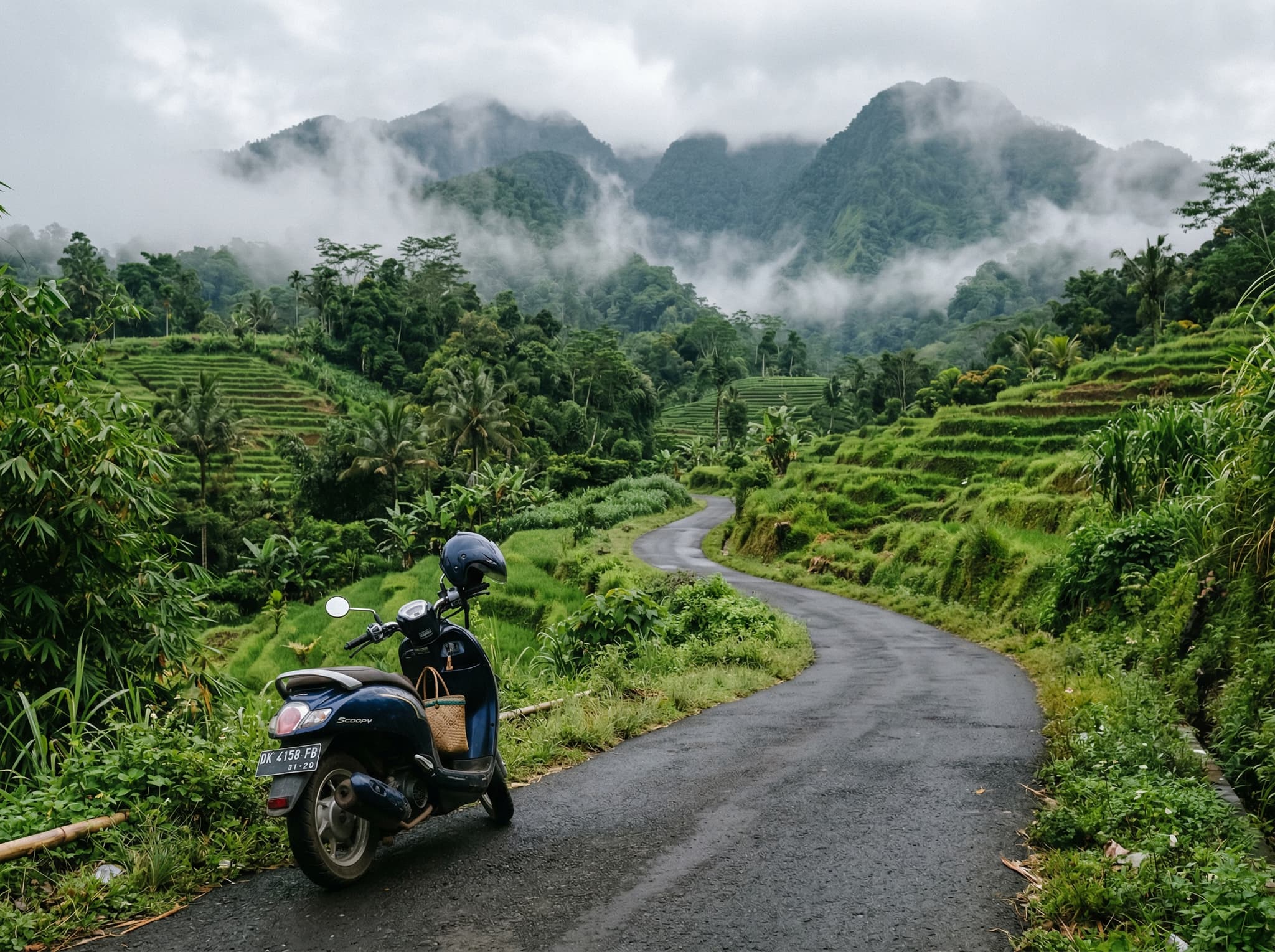 A scooter parked on a narrow paved road through Munduk's highland landscape, with jungle and clove or coffee plantation visible — representing the 10-minute scooter ride from Munduk village to the Labuhan Kebo trailhead