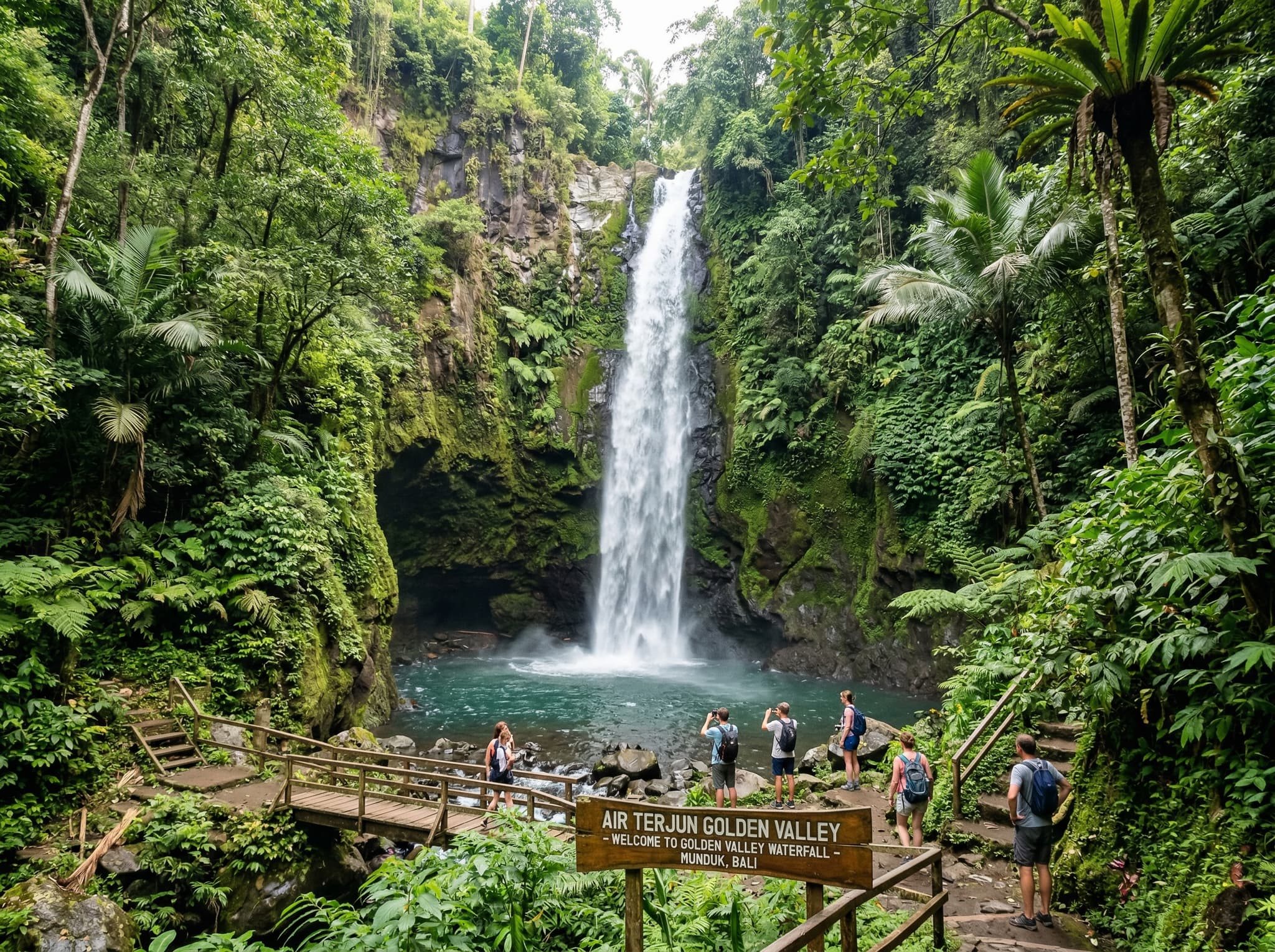 Golden Valley Waterfall in Munduk, Bali — one of the main waterfalls commonly paired with Labuhan Kebo on a same-day itinerary, showing its more accessible and visited character compared to the hidden Red Coral falls