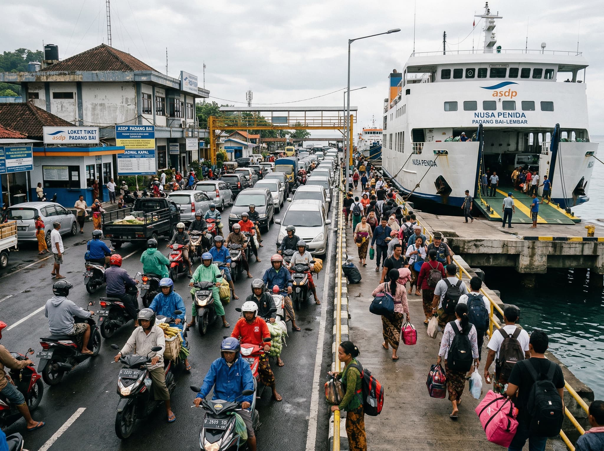 Passengers and vehicles queuing at the Padang Bai ferry terminal for the ASDP public ferry to Lombok — illustrating the town's role as a transit hub and the practical reality of the crossing