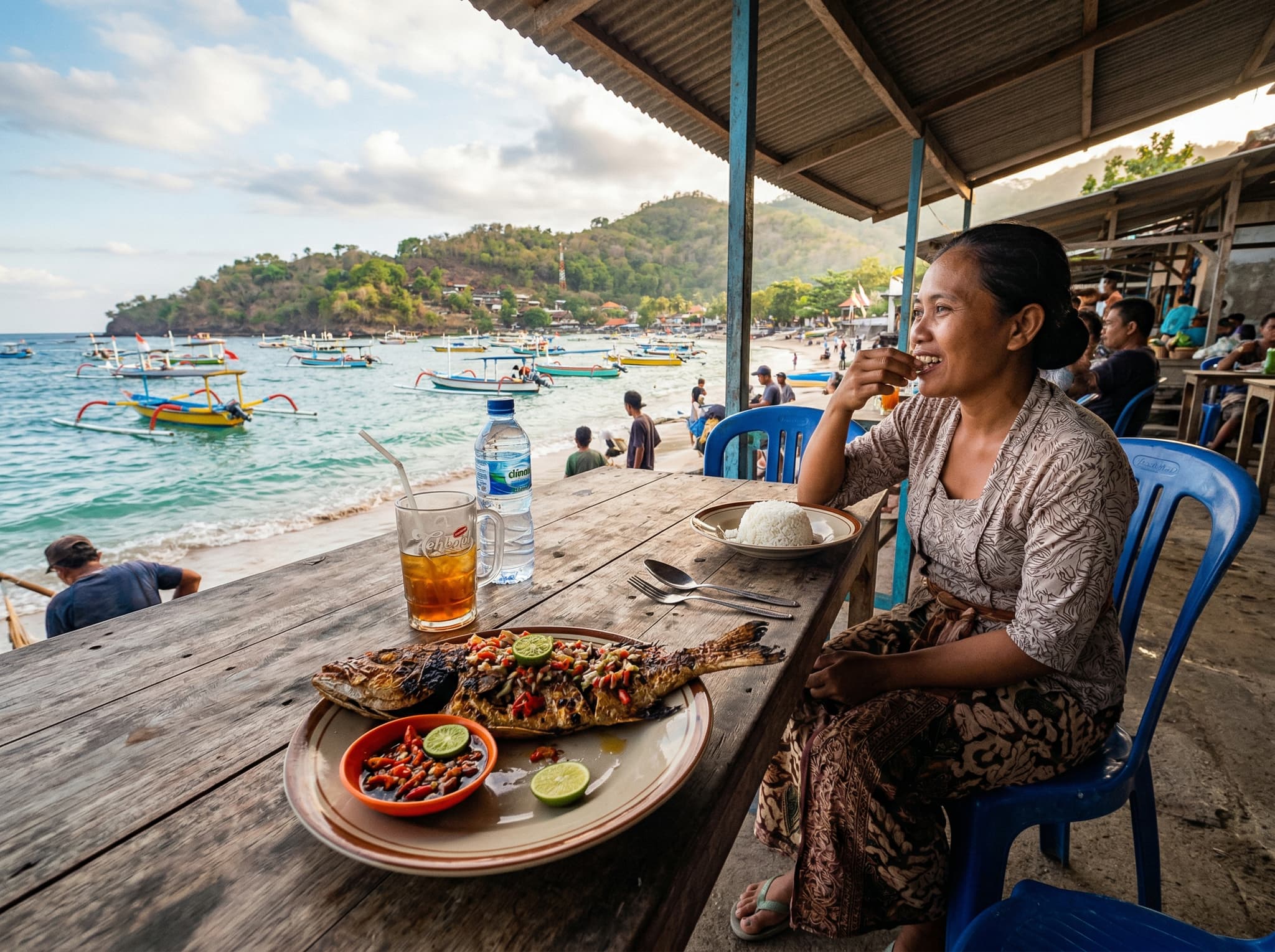 A warung seafood barbecue meal in Padang Bai — grilled fish on a simple table near the water, evoking the unpretentious local food scene the article describes