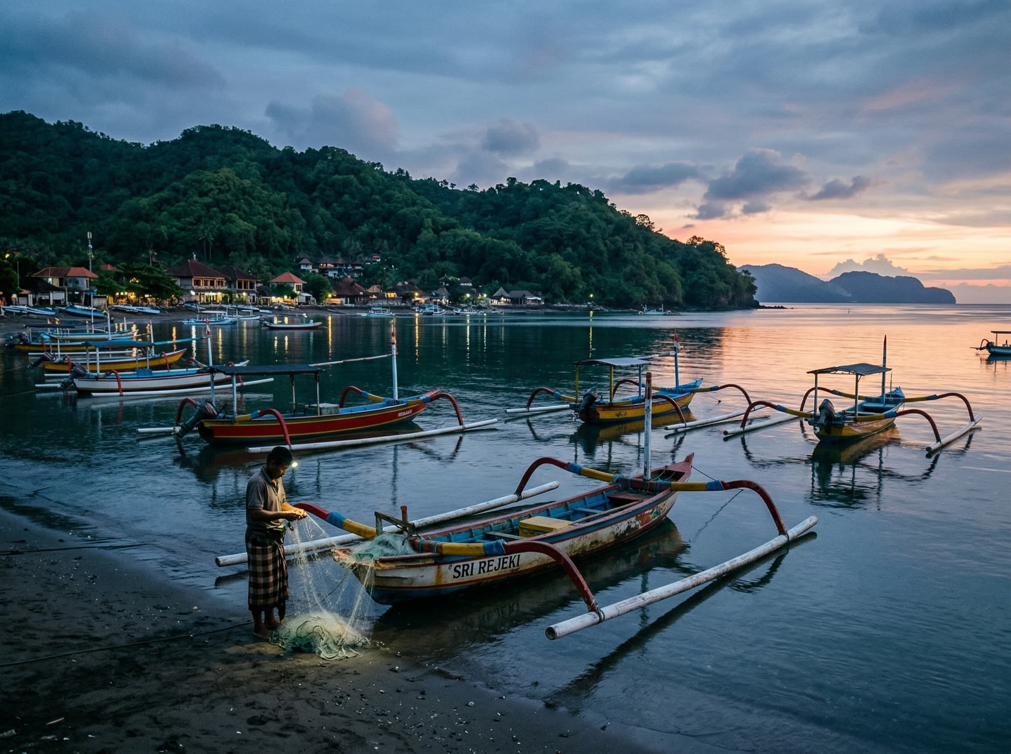 Early morning at Padang Bai bay — fishing boats on calm water at dawn before the fast boats begin loading, capturing the quiet village moment the article's closing passage describes