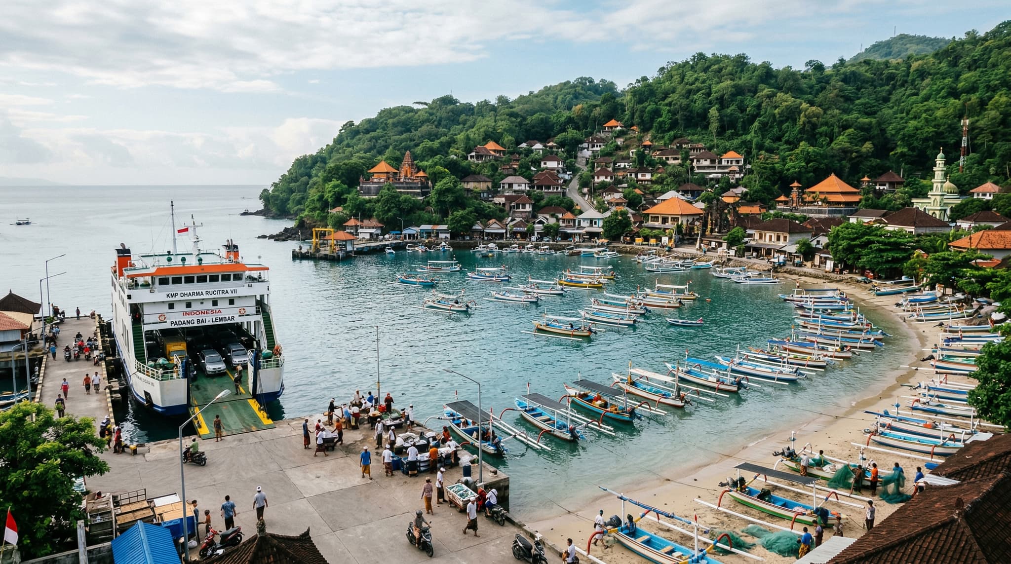 Padang Bai port village in east Bali — fishing boats moored in the bay with the hillside village behind, capturing the town's working, unhurried character as both a ferry hub and a place worth pausing in