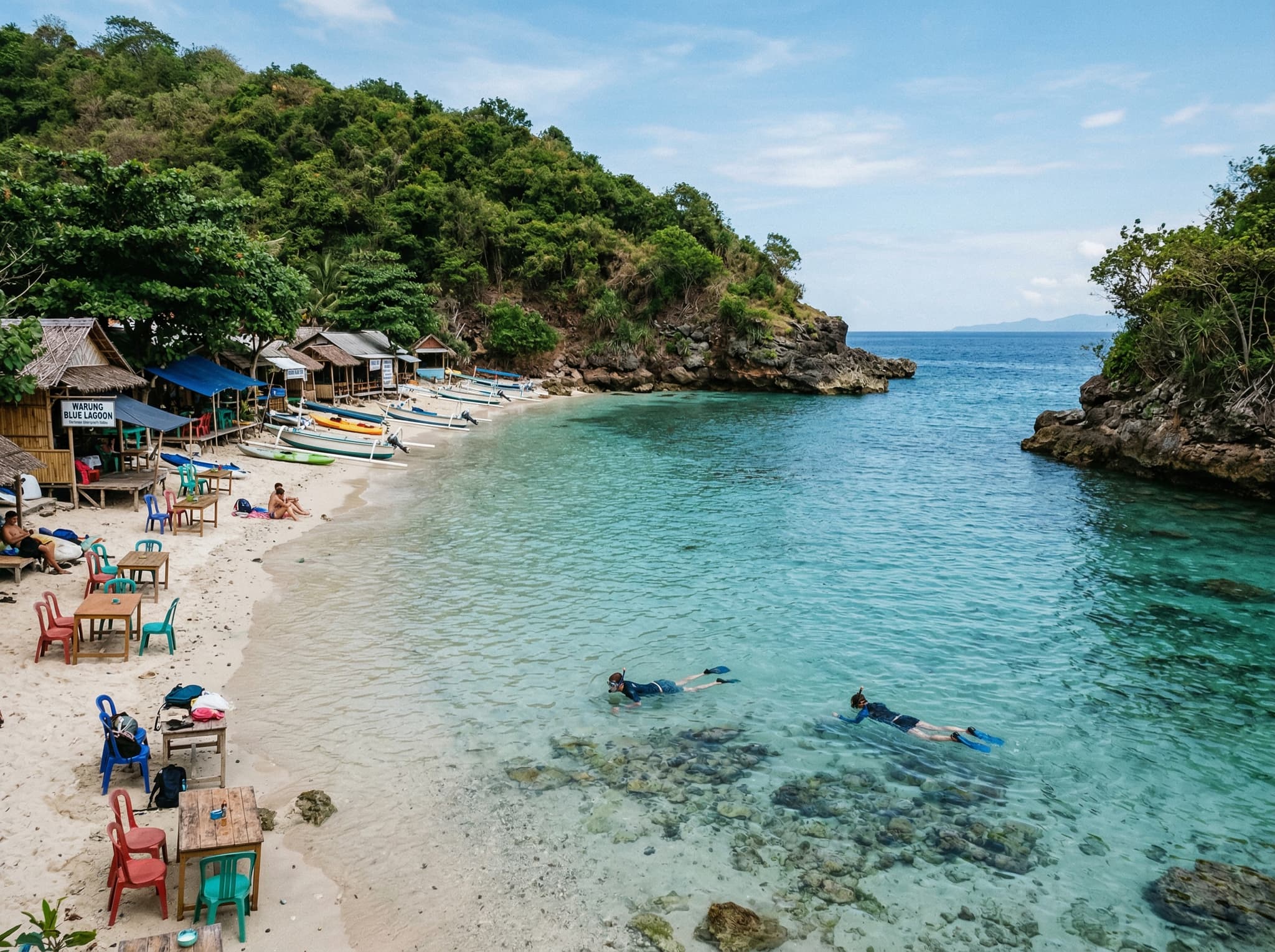 Blue Lagoon Beach near Padang Bai — a sheltered cove with calm, clear water and reef visible below the surface, showing why it's worth the ten-minute walk from the port