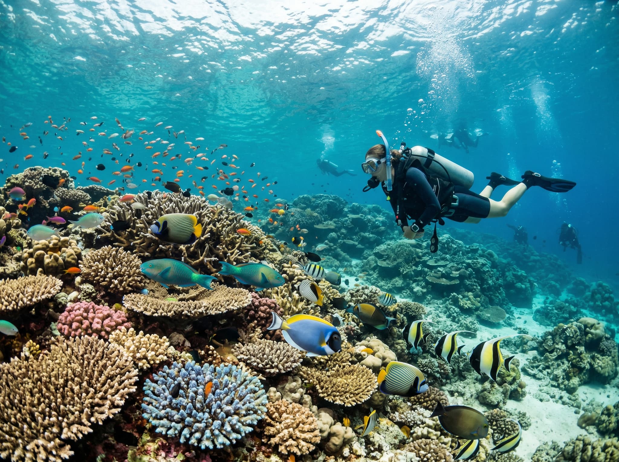 Underwater scene at Blue Lagoon dive site near Padang Bai — reef fish and coral at shallow depth, illustrating the beginner-friendly diving conditions described in the article