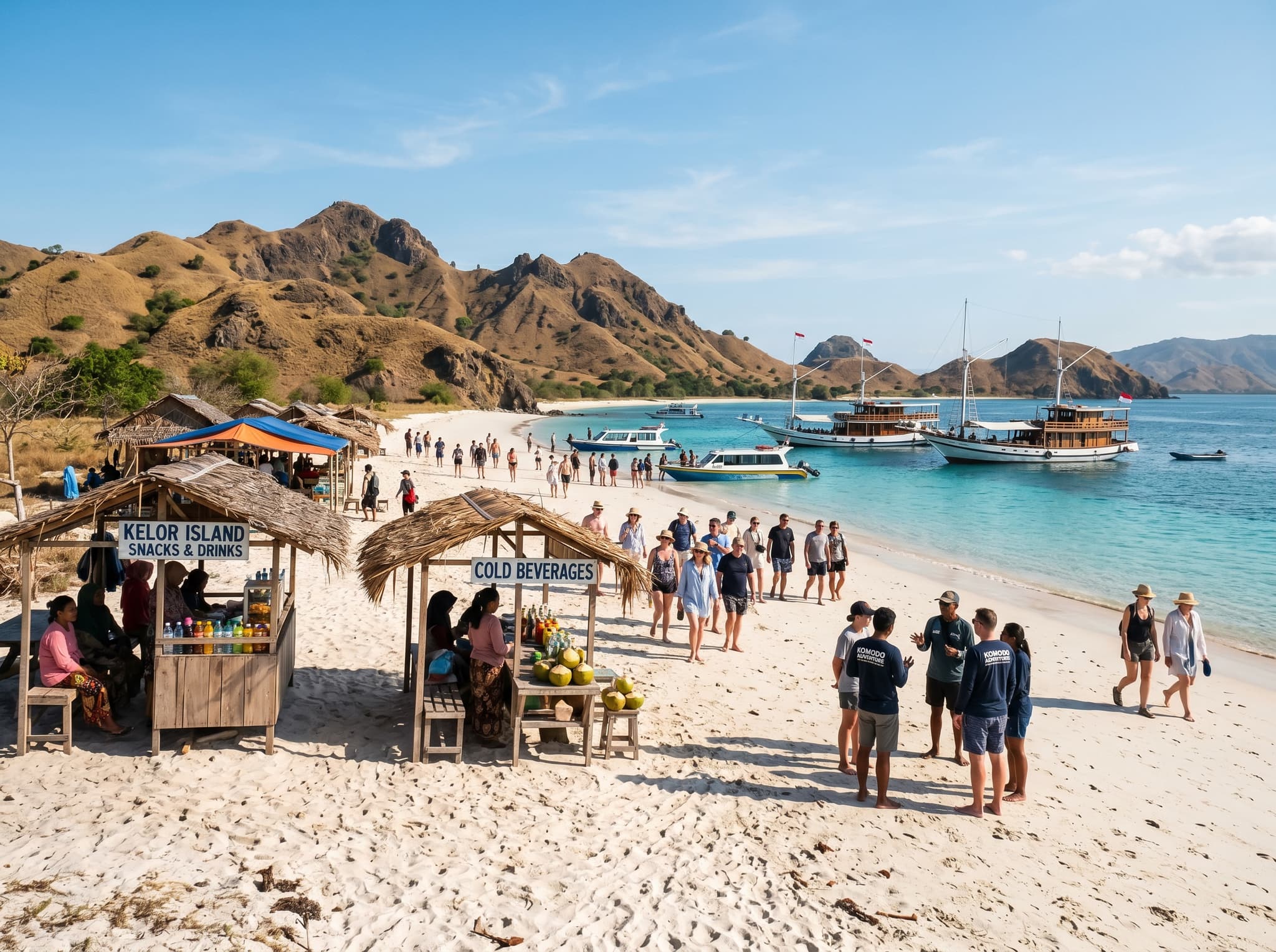 The simple beach landing area on Kelor Island showing the white sand shore, minimal facilities, and local stalls, conveying the island's deliberately undeveloped character described in the What's on the Island section