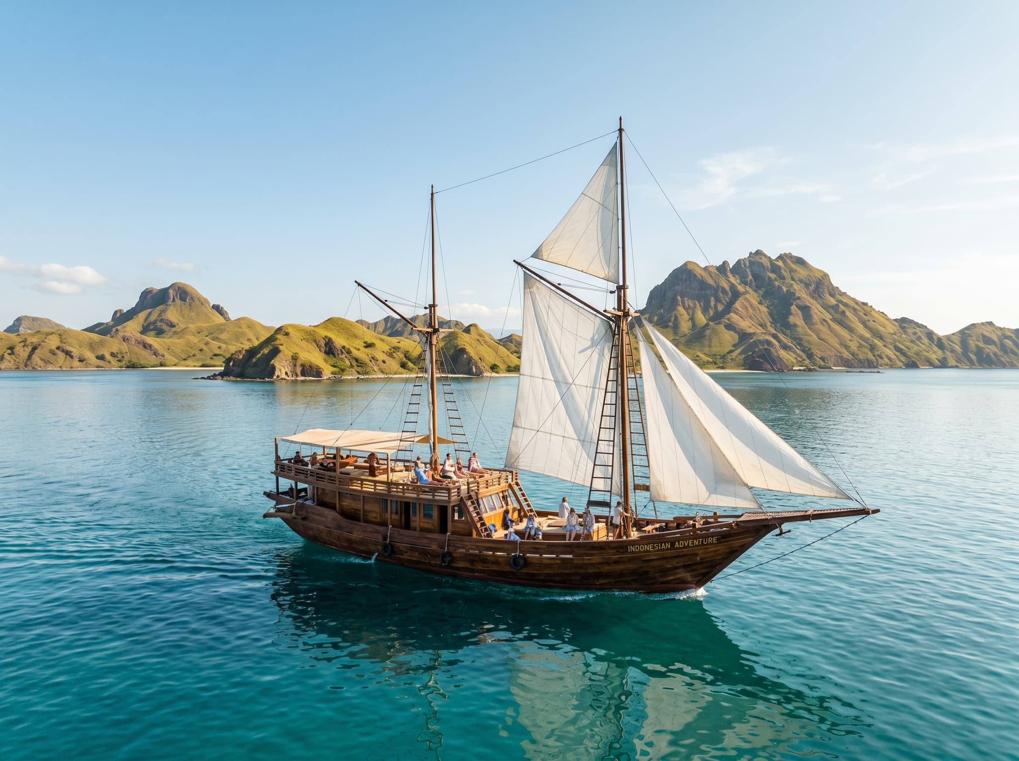 A traditional wooden phinisi or speedboat on the water between Labuan Bajo and Kelor Island, representing the boat-only access and multi-island tour context described in How to Get There