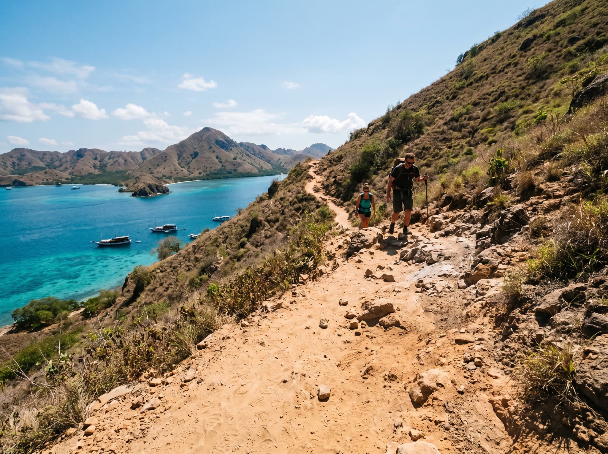 The steep sandy trail ascending Kelor Island's summit viewpoint, showing the rough unshaded terrain hikers navigate to reach the 360-degree panorama described in The Hill section