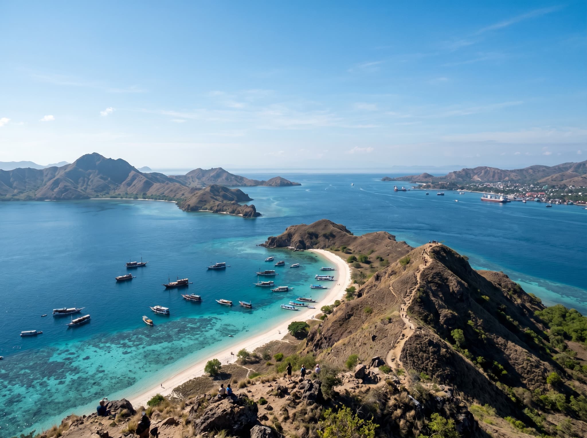 The panoramic view from Kelor Island's summit looking toward Labuan Bajo harbor and the surrounding Komodo National Park islands, illustrating the 360-degree payoff described after the hike