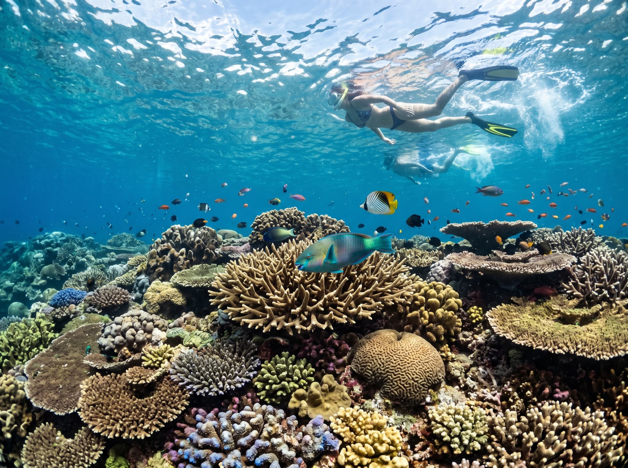 Snorkelers in the shallow Coral Garden reef area on Kelor Island's sheltered side, showing the dense coral and reef fish that make this a recommended beginner snorkeling site
