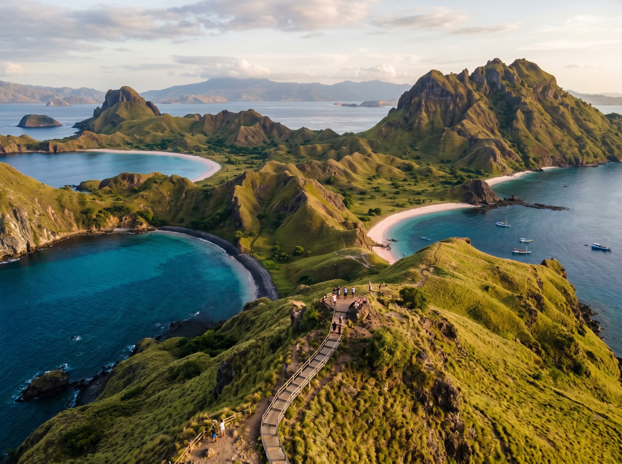 Padar Island's iconic three-bay viewpoint showing its dramatic ridgeline and colored sand beaches, used to visually anchor the Kelor vs. Padar comparison section