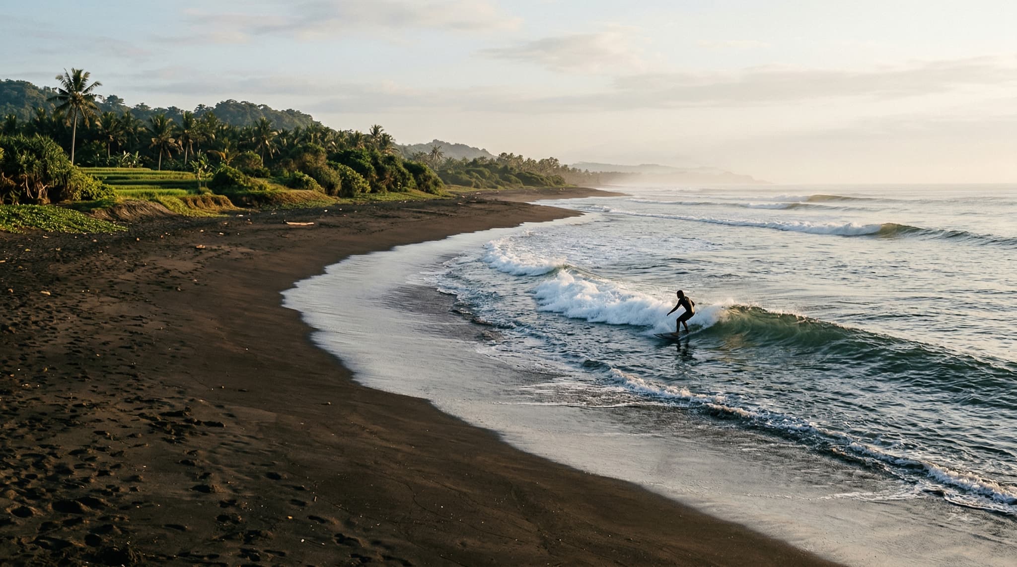 Kedungu Beach's wide black volcanic sand shoreline in Tabanan Regency, Bali, with coconut palms lining the back of the beach and a surfer riding a peeling left-hand wave — establishing the article's central argument that this stretch of Bali's west coast remains uncommercialised and raw