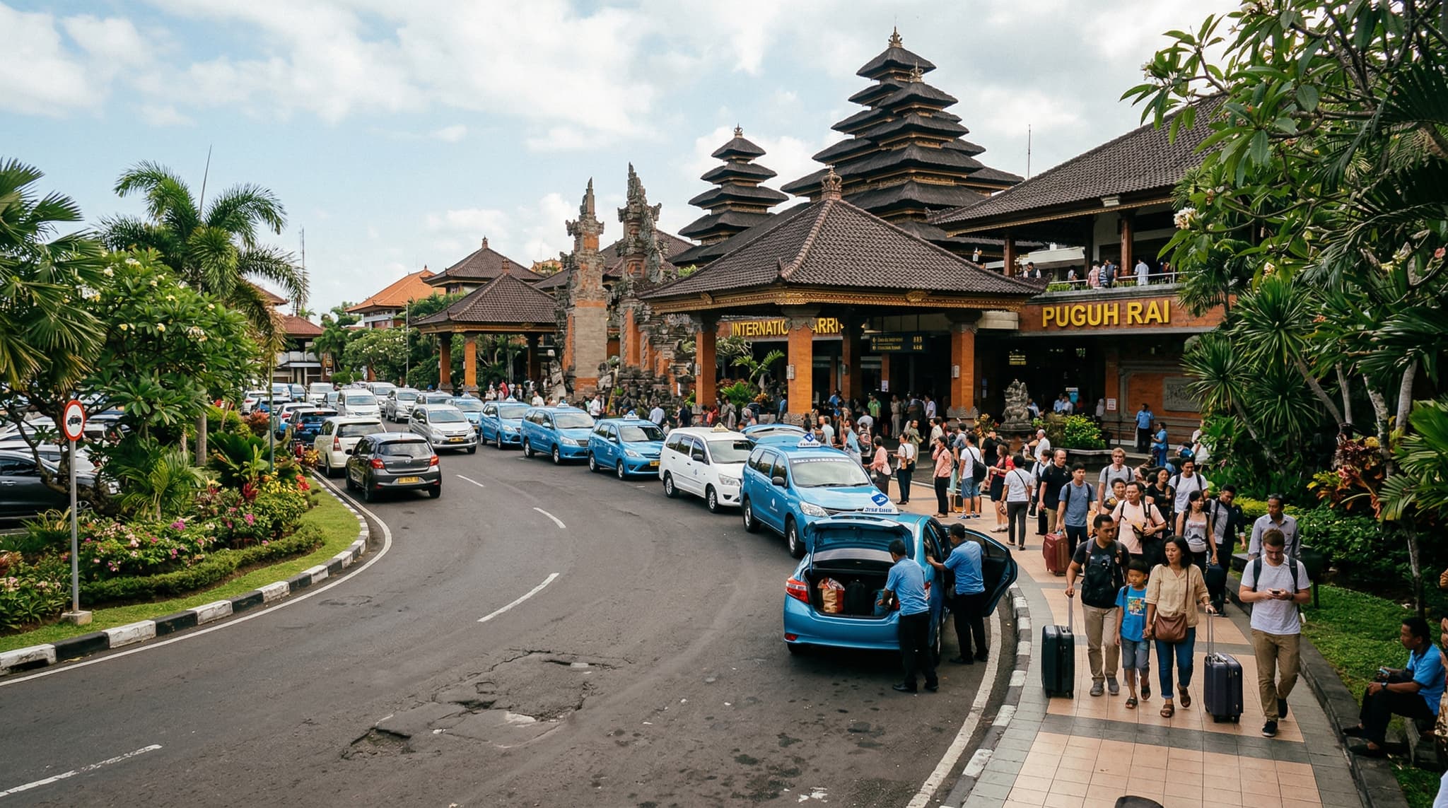 Arrivals hall exterior or forecourt of Ngurah Rai International Airport (DPS) in Bali, Indonesia — establishing the article's subject of navigating transport from Bali's only commercial airport to destinations across the island