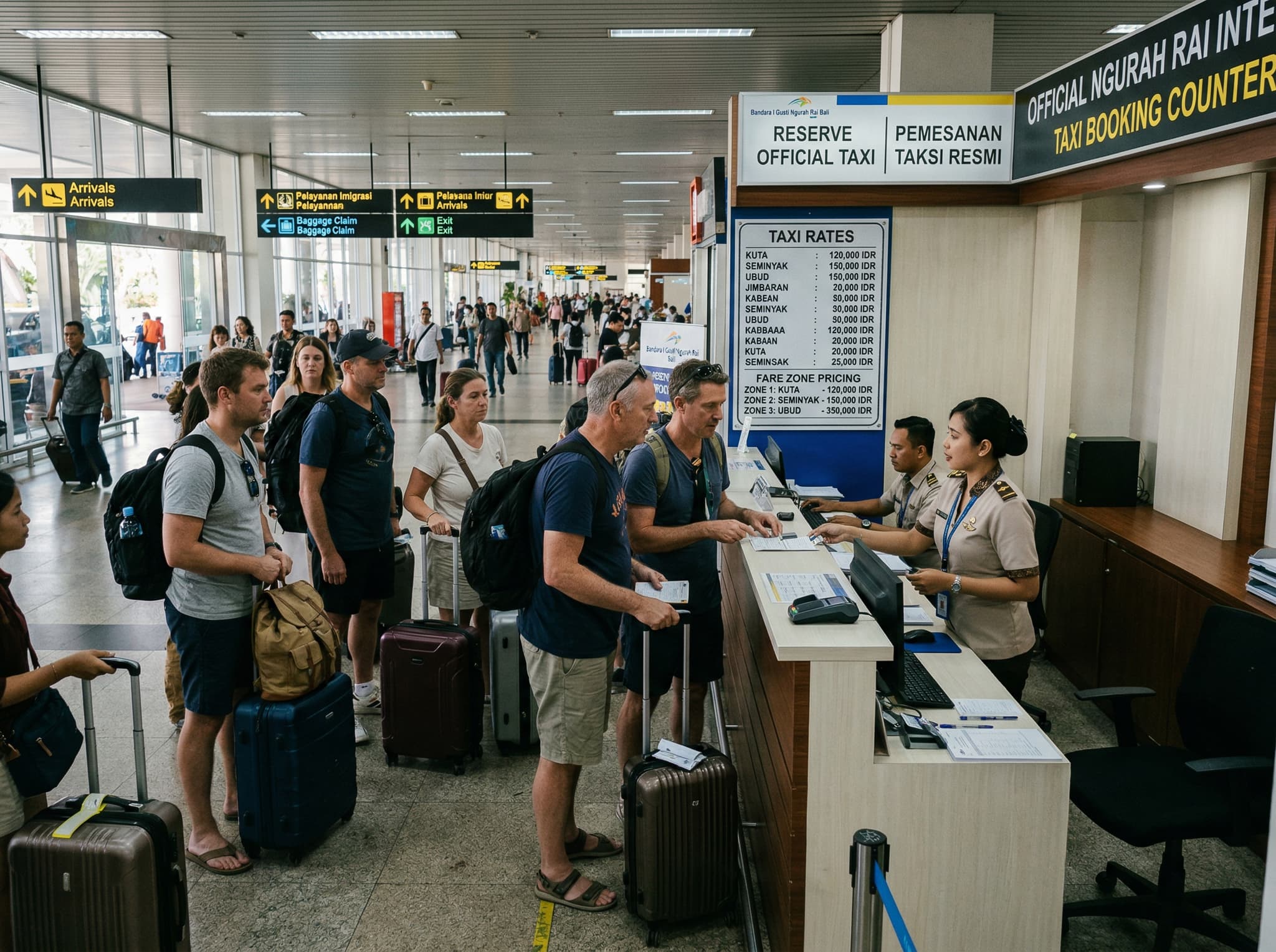 The official airport taxi counter inside Ngurah Rai International Airport's international arrivals hall in Bali — illustrating the fixed-price zone taxi booking system described in the transport options section