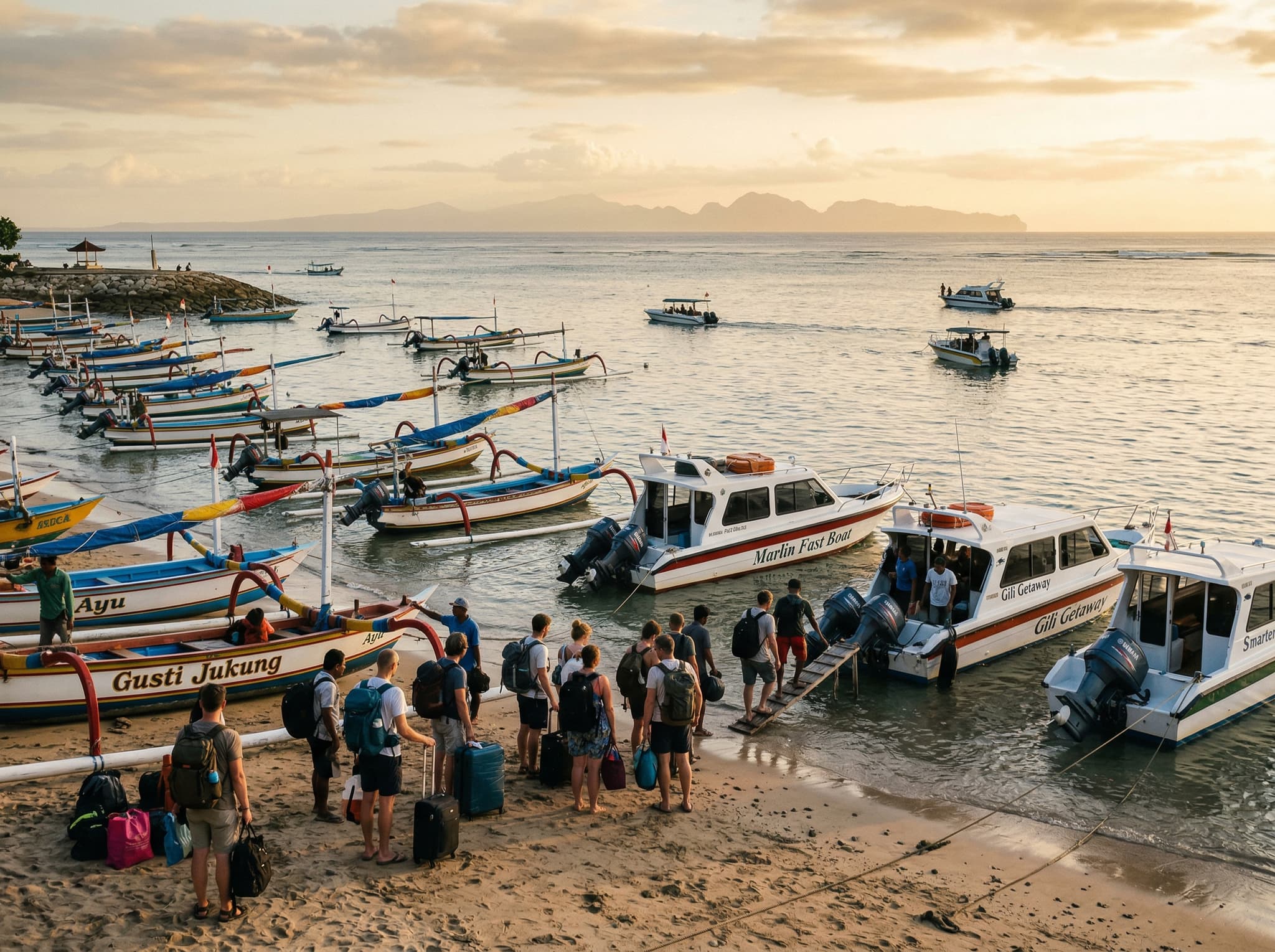 Sanur harbor or beach promenade in Sanur, Bali — illustrating the ferry departure point for Nusa Lembongan and Nusa Penida and Sanur's role as a strategic overnight stop described in the transfer section