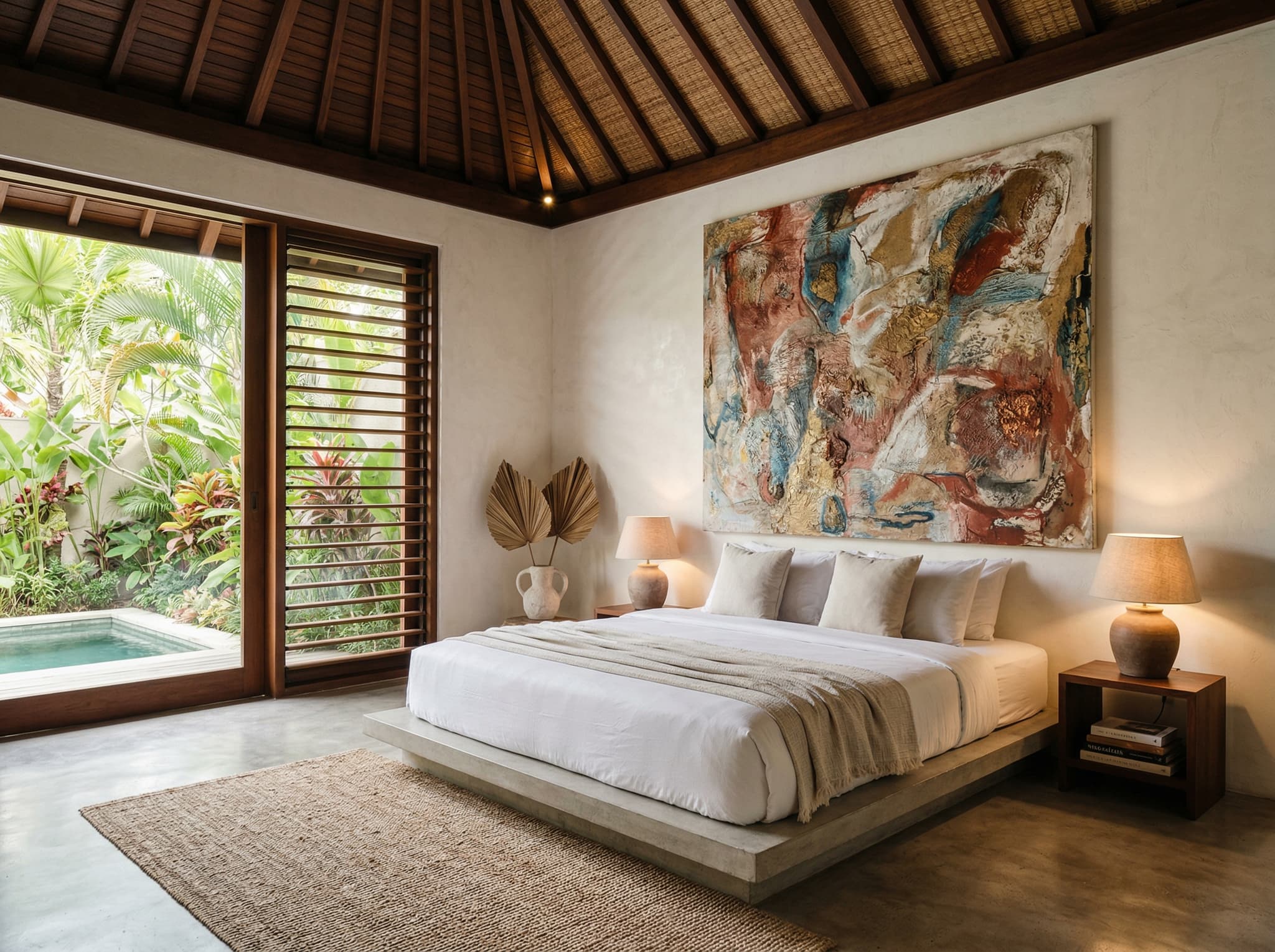 A bedroom interior at a Bali art villa where original artwork dominates the wall above the bed — illustrating the article's observation that even the most private spaces at Morabito contain pieces worth more than the nightly rate