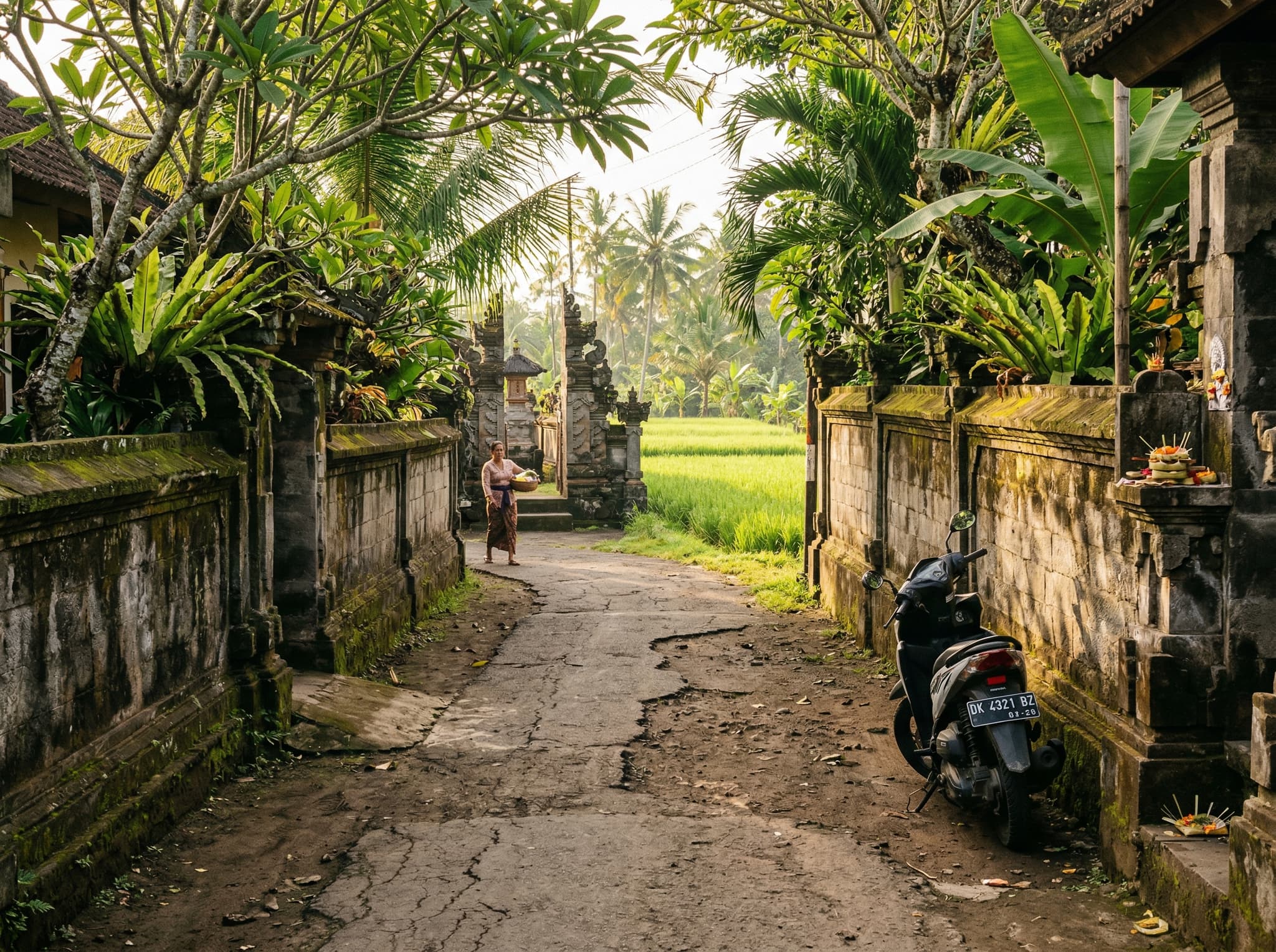 A quiet residential lane in Pererenan, the calmer northern edge of Canggu, Bali — representing the villa's location away from the surf-town chaos, with the kind of peaceful street texture the article contrasts against busier Canggu spots like Batu Bolong