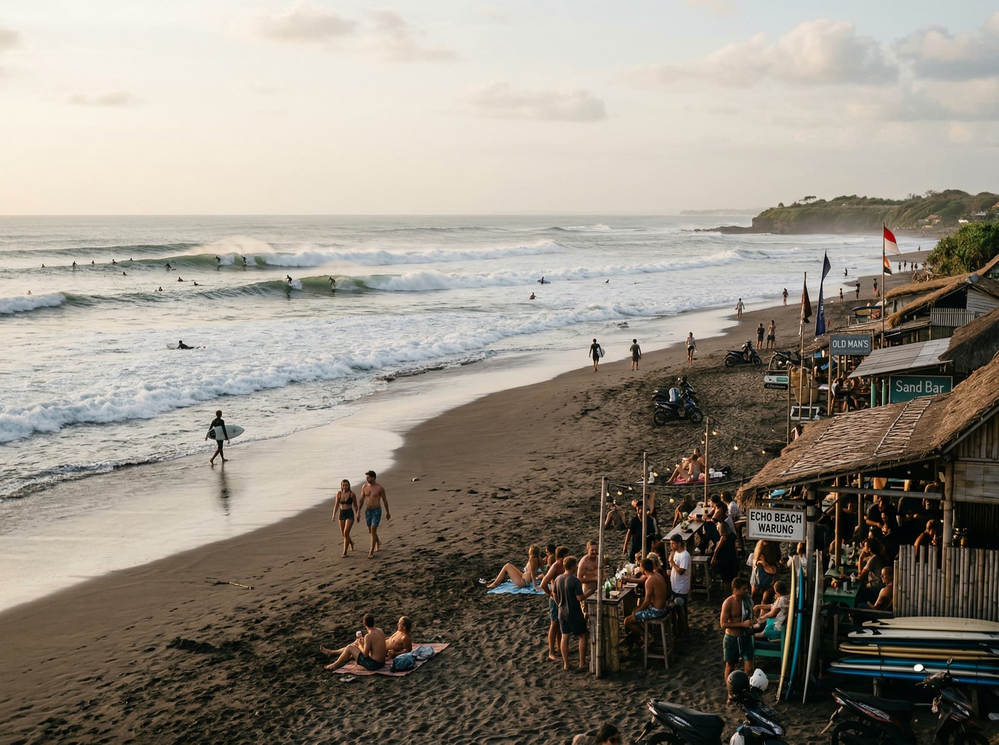 Echo Beach in Canggu, Bali at late afternoon — the surf beach the article mentions as a nearby destination requiring transport from the villa, representing the trade-off of the property's quieter location