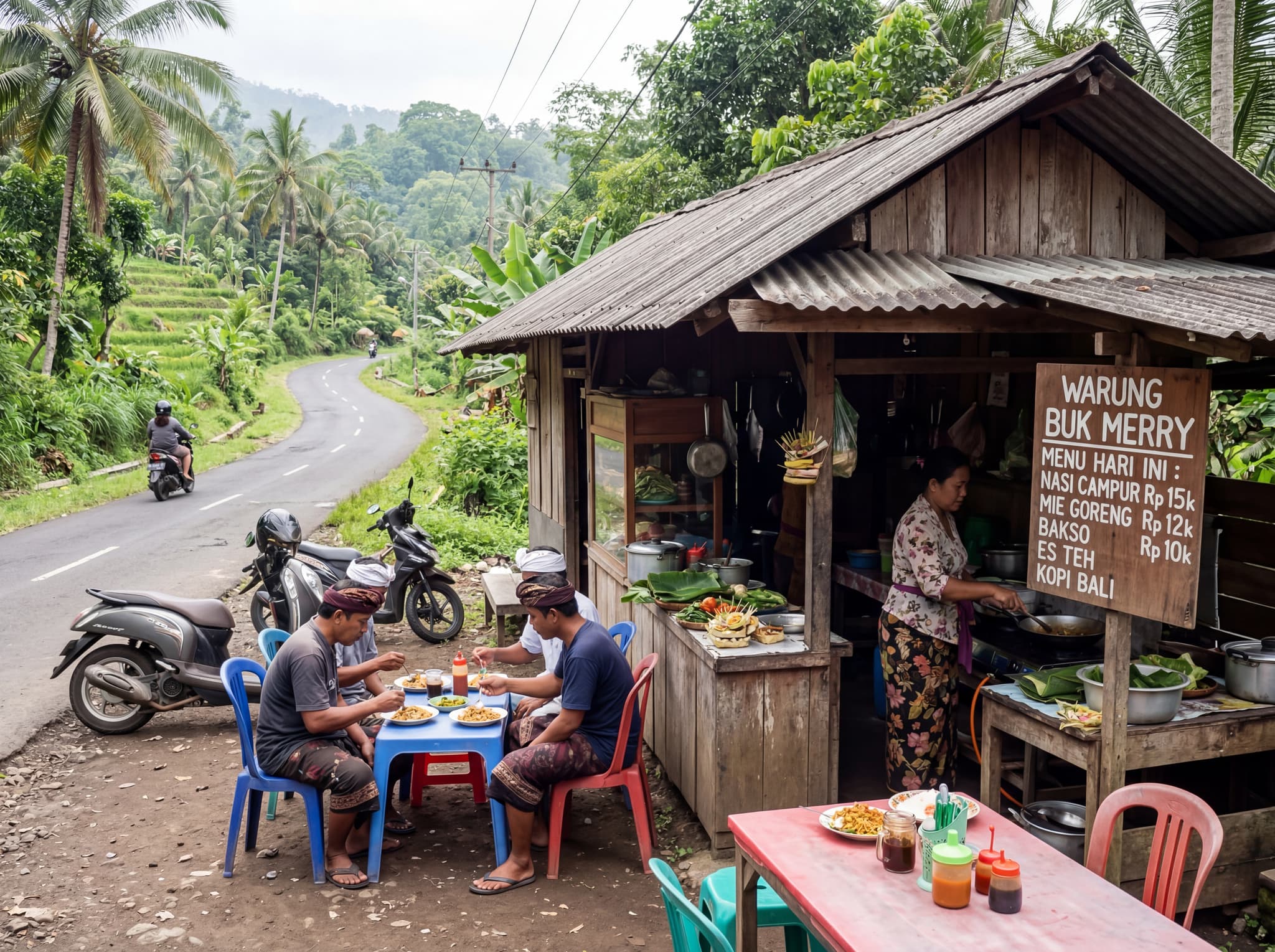 A local warung along the road behind Keramas Beach — simple plastic chairs, a handwritten menu, cold drinks — representing the unhurried, locally-priced food culture that distinguishes Keramas from Bali's tourist-heavy southern beaches