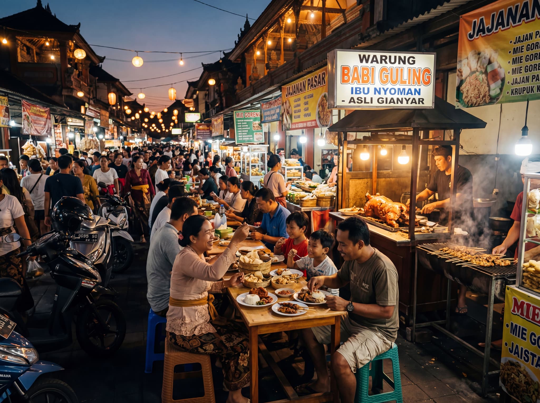 Gianyar Night Market at dusk or evening — crowded stalls, warm light from food vendors, locals eating babi guling and local snacks — conveying the authentic off-tourist-trail food scene accessible by scooter from Keramas