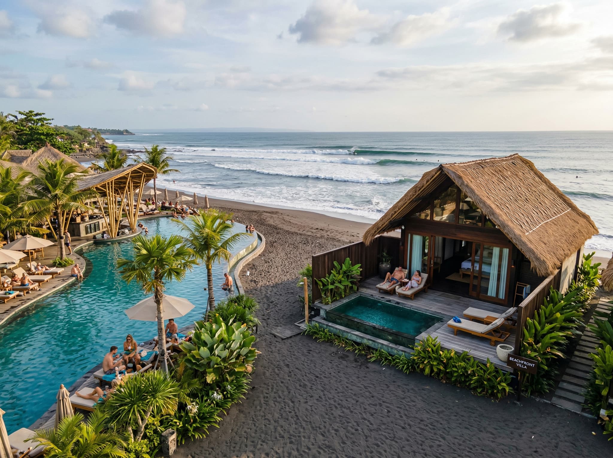 Komune Beach Club and Resort at Keramas Beach — the pool or beachfront area of the property, showing the one upscale accommodation option directly on the beach for readers considering where to stay