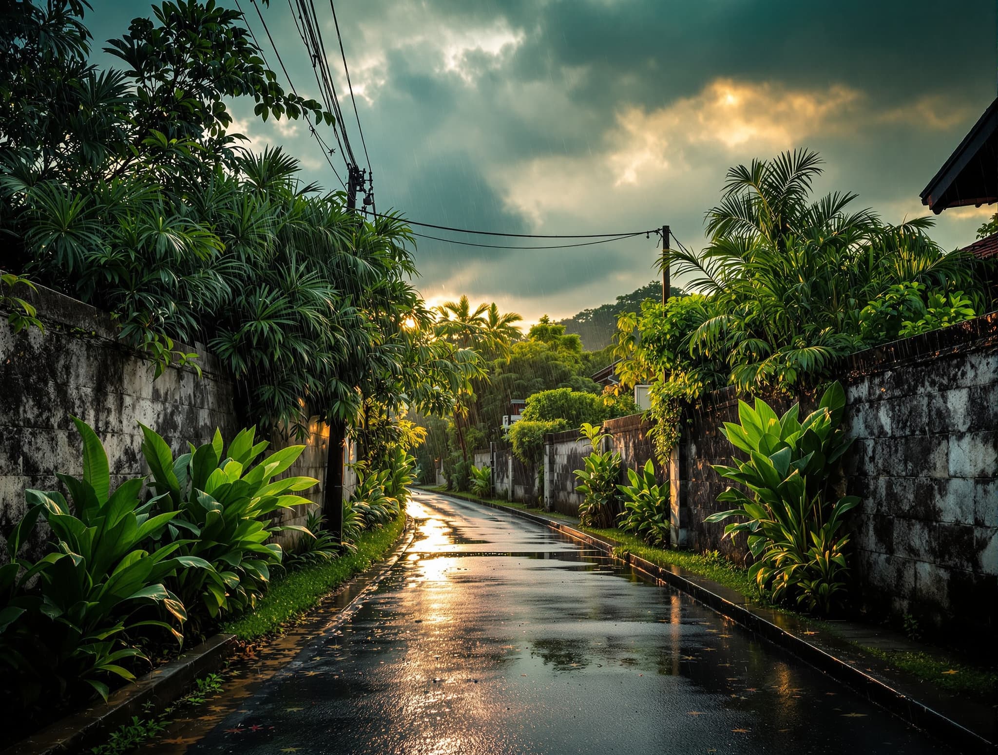 A wet-season afternoon in Bali — heavy tropical rain falling on a lush green street or garden, with warm light breaking through clouds — illustrating the article's point that wet season means intense afternoon bursts, not all-day drizzle