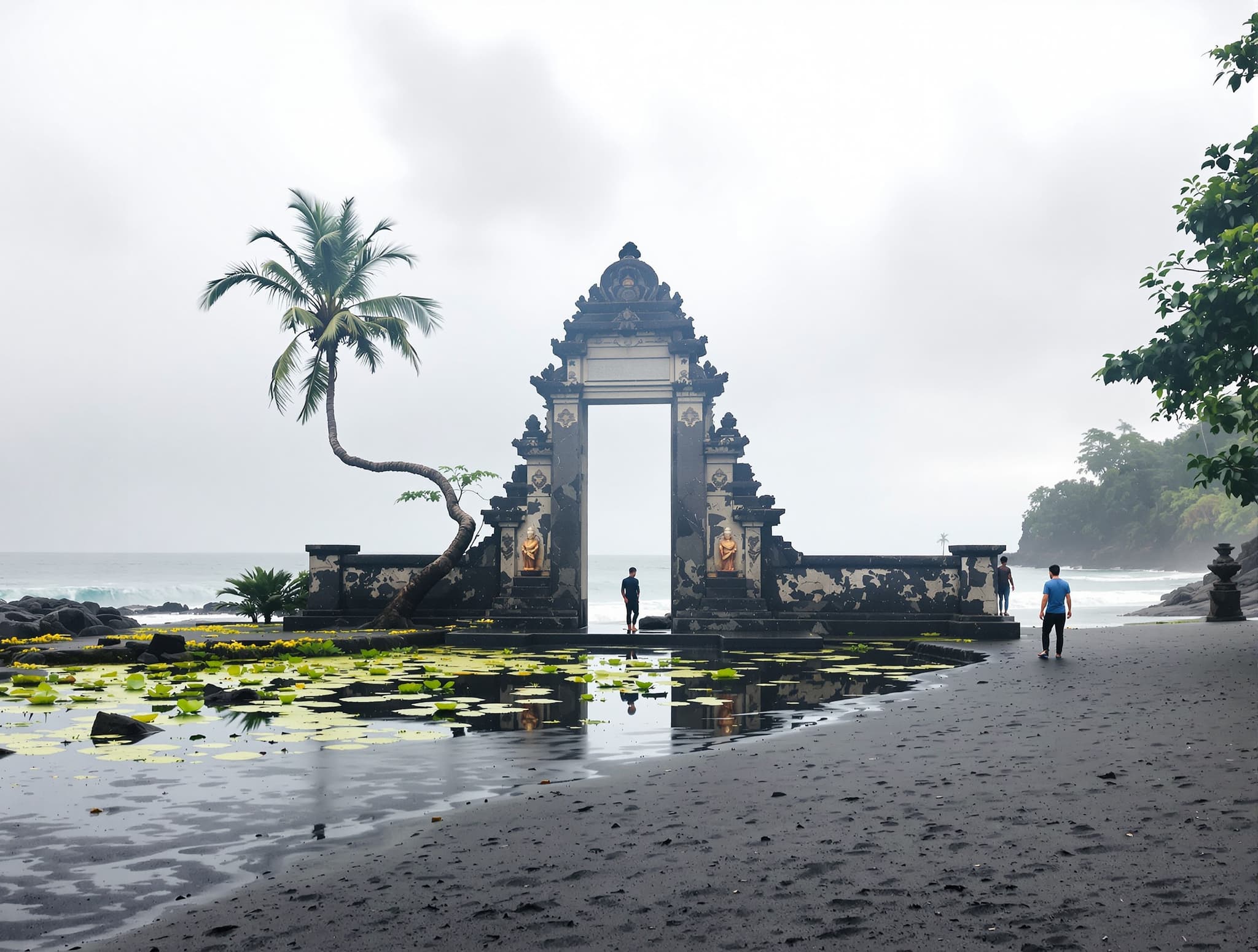 A quiet Bali beach or temple scene during low season — empty or near-empty, soft morning light, peaceful atmosphere — illustrating the article's point that January and February offer the island at its most uncrowded and affordable